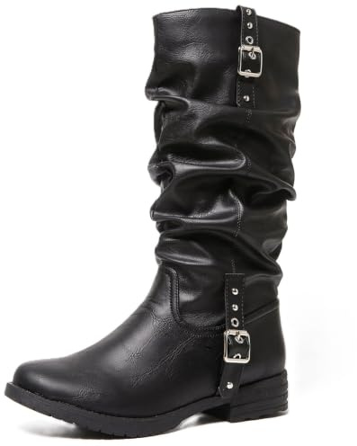 Slouchy rynkade knähöga stövlar för kvinnor platta western cowboy ridstövlar | med spänne nit rem dekor vardagliga höga vinterstövlar för semester fest shopping gatustil födelsedag