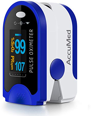 AccuMed Fingertip Pulse Oximeter, Sp02 Finger Blood Pulse Oxygen Monitor, w/Carrying case, Lanyard Silicon Case & Battery CMS-50D (Blue)