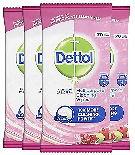 Dettol Antibacterial Cleaning Wipes, Multipurpose Disinfectant with Pomegranate Scent, 4 Packs of 70 (Total 280), Multipack for Home and Office Hygiene