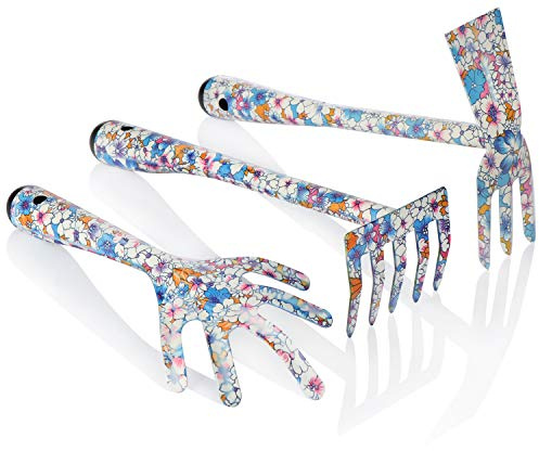 COM-FOUR® 3 pièces Outil de Plantation en métal, Ensemble d'outils | houe double - cultivateur et râteau à fleurs en couleurs pour le jardin et le balcon
