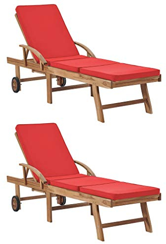 vidaXL 2X Bois de Teck Solide Chaises Longues avec Coussins Transat de Jardin Bain de Soleil de Terrasse Chaise Longue de Patio Extérieur Rouge