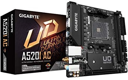 Gigabyte A520I AC (AMD Ryzen AM4/Mini-ITX/Direct 6 Phases Digital PWM with 55A DrMOS/Gaming GbE LAN/Intel WiFi+Bluetooth/NVMe PCIe 3.0 x4 M.2/3 Display Interfaces/Q-Flash Plus/Motherboard)