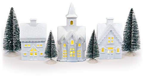 Mark Feldstein & Associates Village with Trees White Unglazed Porcelain Christmas Figurines, 7 Piece Set, 5 Inch