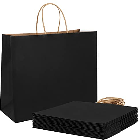 Weifeng 20 Stück Papiertüten Groß Schwarz, Kraft Papiertüten mit Henkel Schwarz, 30x23x12cm Papiertragetasche, Eco-Friendly, Geschenktüten Papier für Party, Hochzeit, Weihnachten, Firmenevent