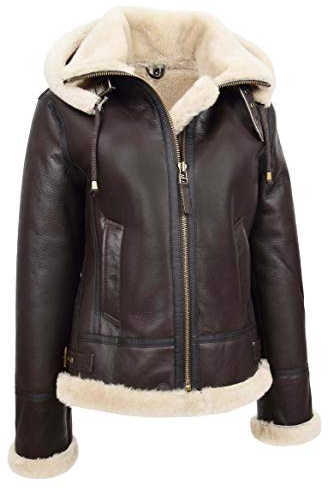 A1 FASHION GOODS Maria Veste aviateur à capuche en peau de mouton véritable pour femme Marron, marron, 46