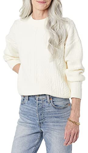 Amazon Essentials Jersey Moderno de Cuello Redondo y Punto Trenzado Suave Al Tacto (Disponible en Tallas Grandes) Mujer, Marfil, XS