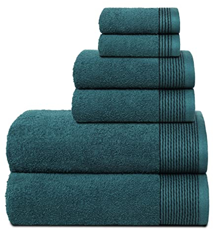 GLAMBURG Ultra-weiches 6er-Pack Baumwoll-Handtuch-Set, enthält 2 übergroße Badetücher 70 x 140 cm, 2 Handtücher 40 x 60 cm und 2 Waschbetten 30 x 30 cm, Blaugrün