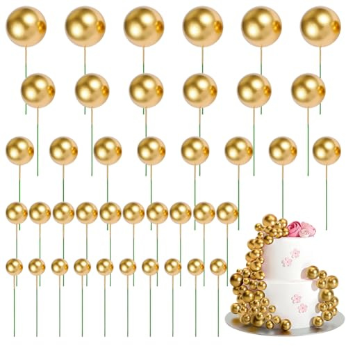OSDUE Decoracion Tarta Bolas 40 Piezas Adornos de Bolas para Pasteles Bolas Cake Topper Mini Globos decoración de cupcakes de espuma Mini Globo Palos para Baby Shower, Boda, CumpleañOs de Niños,Dorado
