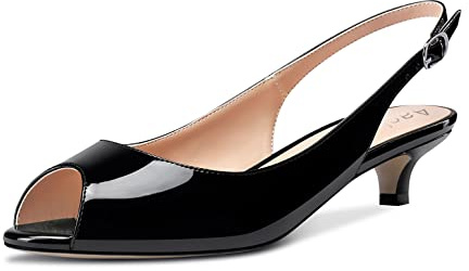Aachcol Femmes Slingback Escarpins Ouvert Bout Kitten Bas Talon Heel Lanières Cheville Sandales Dress Chaussures Party Noir Vernis 3.5 CM 43 EU