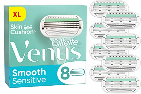 Gillette Venus Deluxe Smooth Sensitive Rasierklingen Damen, 8 Ersatzklingen für Damenrasierer mit 5-fach Klinge, Weiß