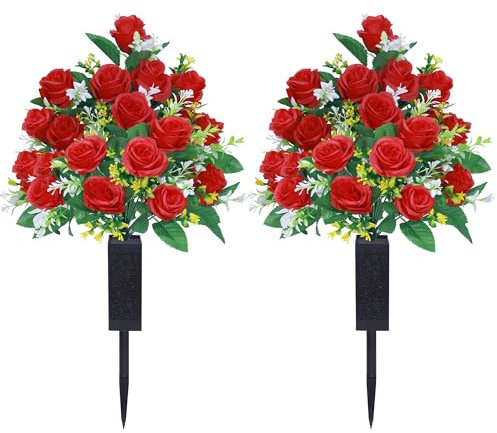 Lodou Künstliche Friedhofsblumen, künstliche Friedhofsblumen mit Vase, Gedenkblumen, künstlicher Rosenstrauß, Friedhof, Gedenkblumen für Friedhof, Grabsteine, Dekoration, Rot, 2 Sets