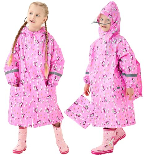 Domueay Imperméable Enfants Filles Poncho à Capuche Respirant Léger Unicorne Cape de Pluie Long Vêtements Randonnée Camping Sport Vestes 9-12 Ans, Rose