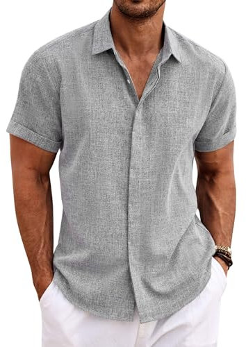 COOFANDY Mens Shirts Short Sleeve Cotton Striped Hawaiian Floral Summer Button Down Holiday Casual Shirt Grey XL