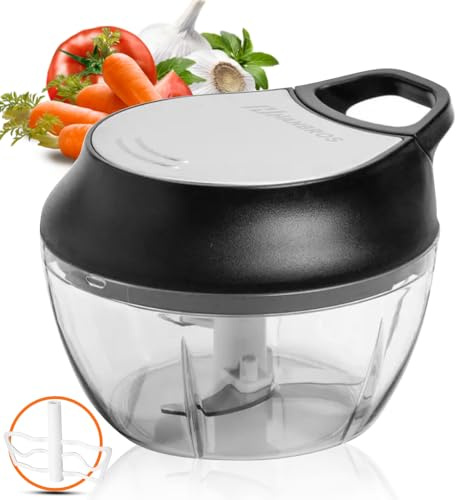 Hanbros Manual Food Processor Vegetable Chopper, Portable Hand Pull String Garlic Mincer Onion Cutter for Veggies, Ginger, Fruits, Nuts, Herbs, etc., 2 Cup With Egg Batter and Garlic Peeler, W1031-1