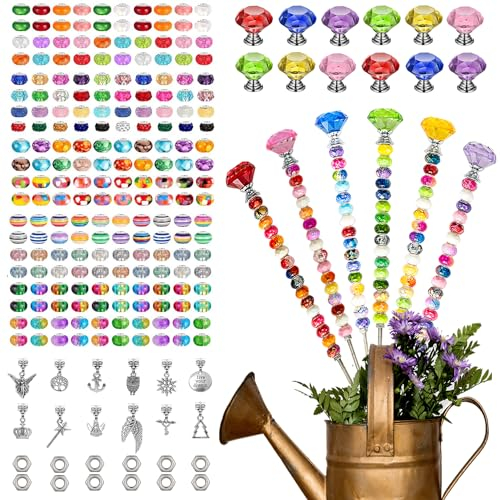 Prefdo Dekorative Gartenstecker zum Selbermachen, Feenstab mit Perlen, Set mit Diamant-Stopper-Tops, 30,5 cm Gewindestange, 200 bunte Perlen für Innen- und Außenbereich, Blumentopf-Dekoration, 236