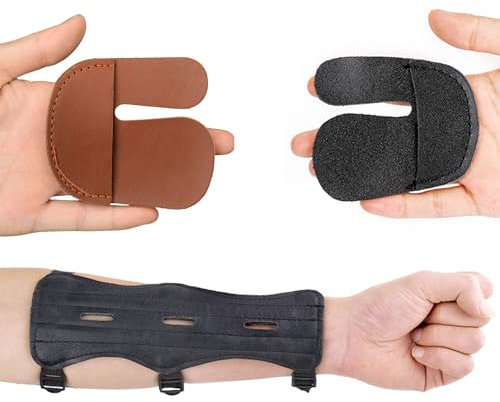 Fiita Bogenschießen Arm Guard Finger Schutz Set, Schutzleder mit 3-Schnallen, Unterarm Handgelenkschutz Jagd Schießen Arm Schutz, Schießen Jagd Pfeil Bogen Ausrüstung(schwarz)