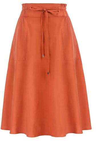 Gonne Midi di Lino Casual da Donna Gonna a Pieghe a Pieghe in Vita con Cravatta a Punto Smock con Tasche Gonna a Trapezio Svasata a Vita Alta -Corallo-M