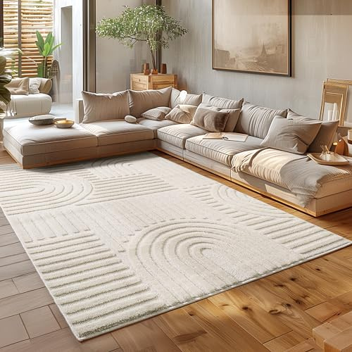 HomebyHome Kurzflor Teppich 240 x 340 cm Creme - Hoch-Tief 3D Effekt Waschbar, Flauschig und Extra Weich - Skandinavisch Boho Muster für Wohnzimmer, Schlafzimmer, Esszimmer und Küche