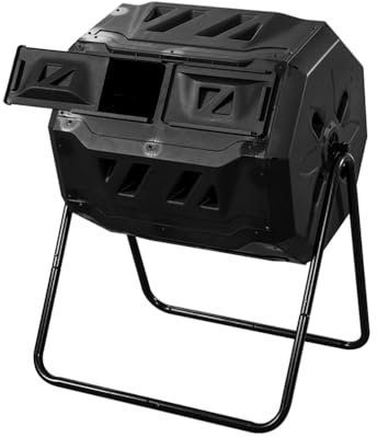 BAOYOUNI Composteur de Jardin à Double Chambre 160L, Rotatif 360° Bac à Compost en PP et Métal pour Compostage Déchets Organiques Cuisine Jardinier Terrasse Patio Extérieur, 71 x 56 x 94cm, Noir