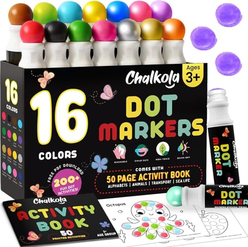 Chalkola 16 Marqueurs à Pois Lavables pour Tout-Petits - Peinture Enfant | Kit Livre d'Activités Coloriage 50 Pages, Tampons de Bingo - Ensemble Peinture à Pois, Feutre Enfant de 3+ - Dot Marker