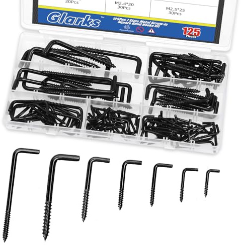 Glarks 125pcs M2.4 / M2.5 / M2.8 / M3.4 / M3.7 / M3.8 / M4.7 Noir L en forme de vis en crochets kit, crochets à angle droit en acier au carbone, crochet auto-robinage carré pour tasses