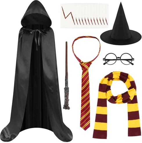 AUYAO Costume di Wizard, Set di 7 Costumi da Mago con Mantello Occhiali Sciarpa Cravatta Bacchetta Magica Cappello Vestire, Kit Cosplay Mago Magico per Bambini Adulto, per Halloween Carnevale Feste