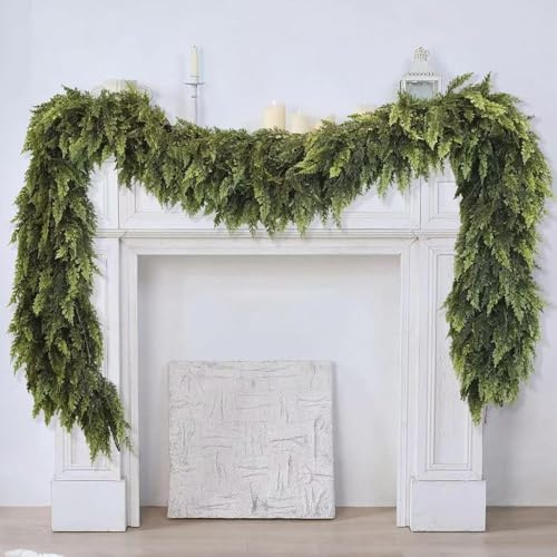 Tall Garland jul, 1,8 m konstgjord högtid grön tallkrans, lång falsk grönskande girlang, för hemmafest träd bord trappor räcke utomhus inomhus