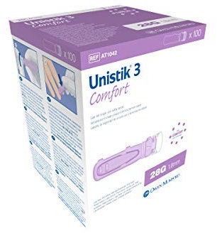 UNISTIK 3 - Lanceta Individual de 28g/1.8mm de Profundidad - Diabéticos - Cuidado de Glucosa - 100 Piezas
