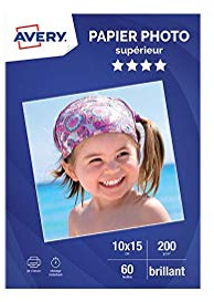 AVERY - 60 feuilles de papier photo 200g/m² brillant. Format 10 x 15 cm. Impression jet d'encre.