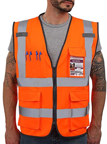 Dib Safety Reflective Vest ANSI Class 2, High Visibility Vest with Pockets and Zipper, Hi Vis Orange L
