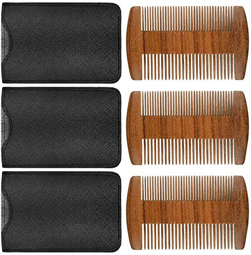 3 Pieces Beard Comb for Men Natural Sandalwood Wooden Mustaches Combs Dual Action Teeth Beard Comb with 3 Pieces Pocket Faux Leather Case for Beards Mustaches(Brown)