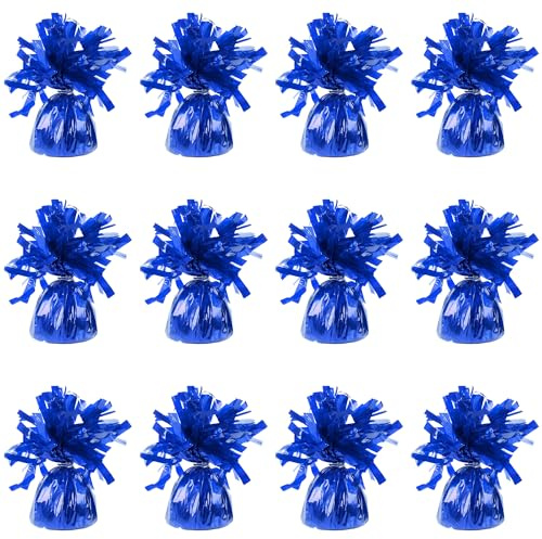 Pesas de globo de aluminio para globos de helio en lámina azul real, 12 x 160 g, peso pesado para globos de cumpleaños, boda, celebración con borlas