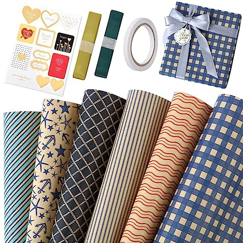Disnace Carta da Regalo Kraft 6 Fogli 50 x 70cm, Uomo Carta da Imballaggio Regalo, Carta da Pacchi per Fiori Bouquet Confezione Compleanno Scatole Regalo Natale Halloween Carnevale
