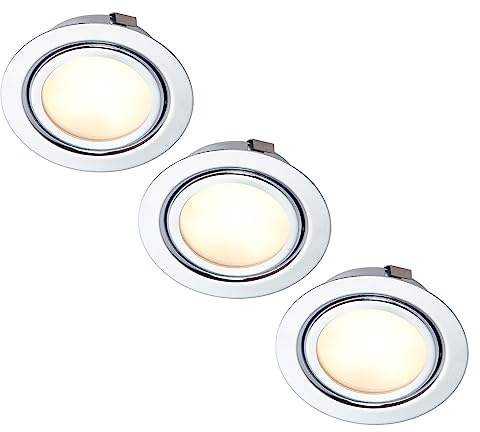 HCFEI 3er Set LED Slim Möbel Einbaustrahler | Chrom glänzend | 230V 3W | Warmweiß 3000K | Bohrloch: 55-60mm - Außendurchmesser: 73mm - Einbautiefe: 25mm | 15cm Anschlusskabel