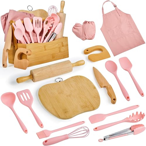 Pulcher Kids Cooking and Baking Sets Real, with Storage Basket, Coral Pink