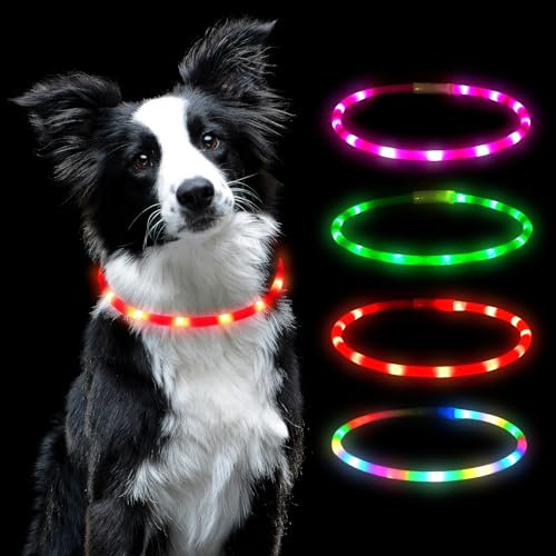 AUAUY LED Leuchthalsband Hund, USB Aufladbar Längenverstellbarer Haustier Sicherheit Silikon Kragen Zuschneidbares Wasserdicht Leuchthalsband für Hunde und Katzen, 4 Modus (Rot)