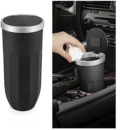JNNJ Car Trash Can, Mini Auto Garbage Container with Lid, Waterproof Leakproof Portable Trash Dustbin, Plastic Car Drink Holder Mini Trash Can for Automotive, Office, Kitchen(Black)