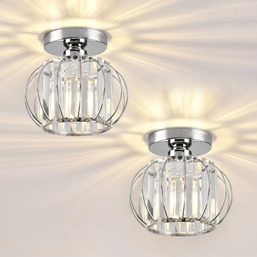 ZYDTRIP Crystals Ceiling Light Fixtures Chandelier, Small Semi Flush Mount Ceiling Light Fitting for Hallway Entrance Kitchen Bedroom Dining Rooms Living Rooms Bar (2 Pack Silver)
