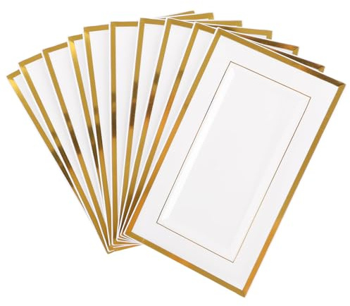 SHUESS 10 piatti da portata in plastica bianca con bordo dorato, 33 x 20 cm, rettangolari, eleganti piatti di plastica riutilizzabili per casa, compleanni, matrimoni, feste, piatti da portata