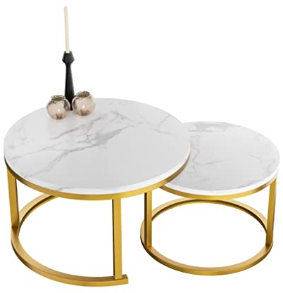 Home Heaven® Couchtisch Rund Weiss Marmor mit Gold – Runder Wohnzimmertisch 2er Set für Wohnzimmer - Ø70cm Ø50cm
