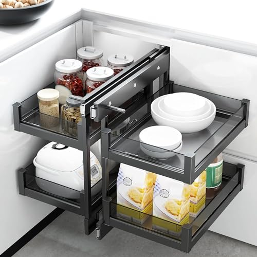 Carosello angolare da Cucina - Armadietto Moderno con Ripiani Estraibili, Organizer con cestelli Estraibili a 2 Livelli, per lattine, pentole, padelle