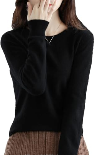 Maglione da donna in 100% lana merino, tinta unita, a girocollo, a maniche lunghe, morbido, Nero , L