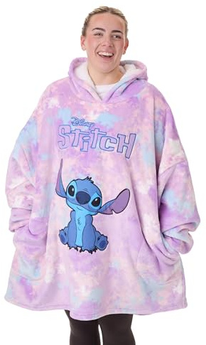 Disney Lilo & Stitch Womens Wearable Blanket | Ladies Watercolour Purple & Blue Embroidered Character Fleece Hoodie |