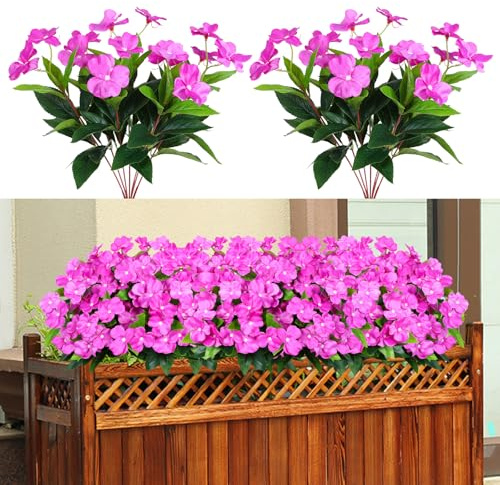 Hobyhoon Purple Artificial Flower Outdoor 2pcs Silk Flower Bouquet Faux Impatiens Flowers for Outside Indoor Home Balcony Window Boxes Garden Decorations