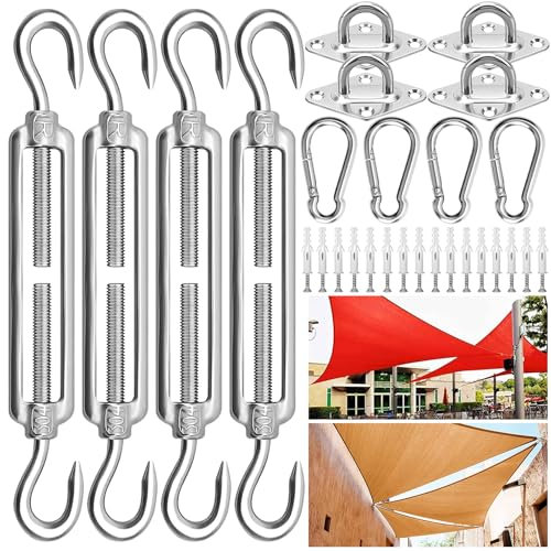 TZPAUG Sonnensegel Befestigung Set, 304 Edelstahl, Wasserfest, Silber, Polyester, Wandmontage, Spannschloss, Karabinerhaken, Wandhalterung, Schrauben, Schraubenhülsen, Garten, Balkon, Terrasse