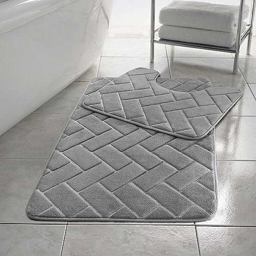 EXQUIZIT HOME® Luxury Memory Foam Bath Mat Set 2 Piece – Non Slip Block Bathroom Rug & Pedestal Mat, Quick Dry Ultra Absorbent Soft Cushioned Mats 100% Polyester (Silver)