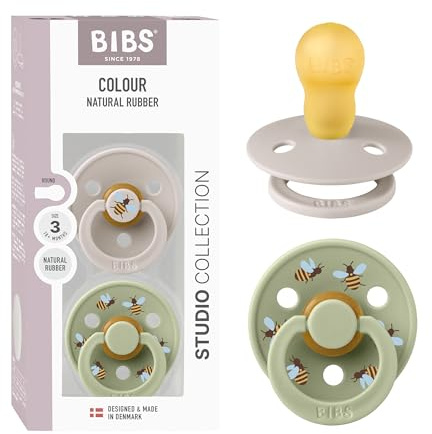BIBS Colour Studio Soother 2-Pack, BPA Free Dummy Pacifier, Round Nipple. Natural Rubber Latex, Made in Denmark, Size 3 (18+ Months), Mushroom/Sage