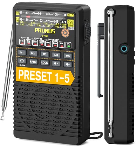 PRUNUS J-165 Portable Radio AM FM, Preset 1-5 Station Buttons, Battery Operated Radio with Tuning Light, Back Clip, Excellent Reception, AM FM Radios Portable, Transistor Radios