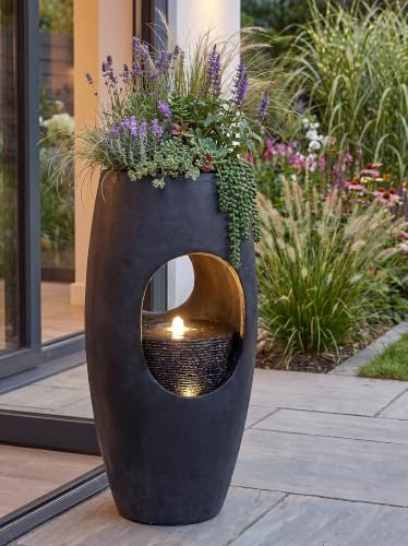 Gran fuente de jardín de 91 cm con posibilidad de plantar, fuente de interior y exterior de poliresina, fuente moderna para habitación con iluminación LED, fuente con maceta para terraza, jardín y