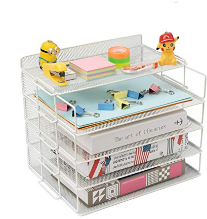 4 Tier Stackable Letter Tray With Desktop Stand, Metal Desk Organizer for Files, Folders, Papers (White)